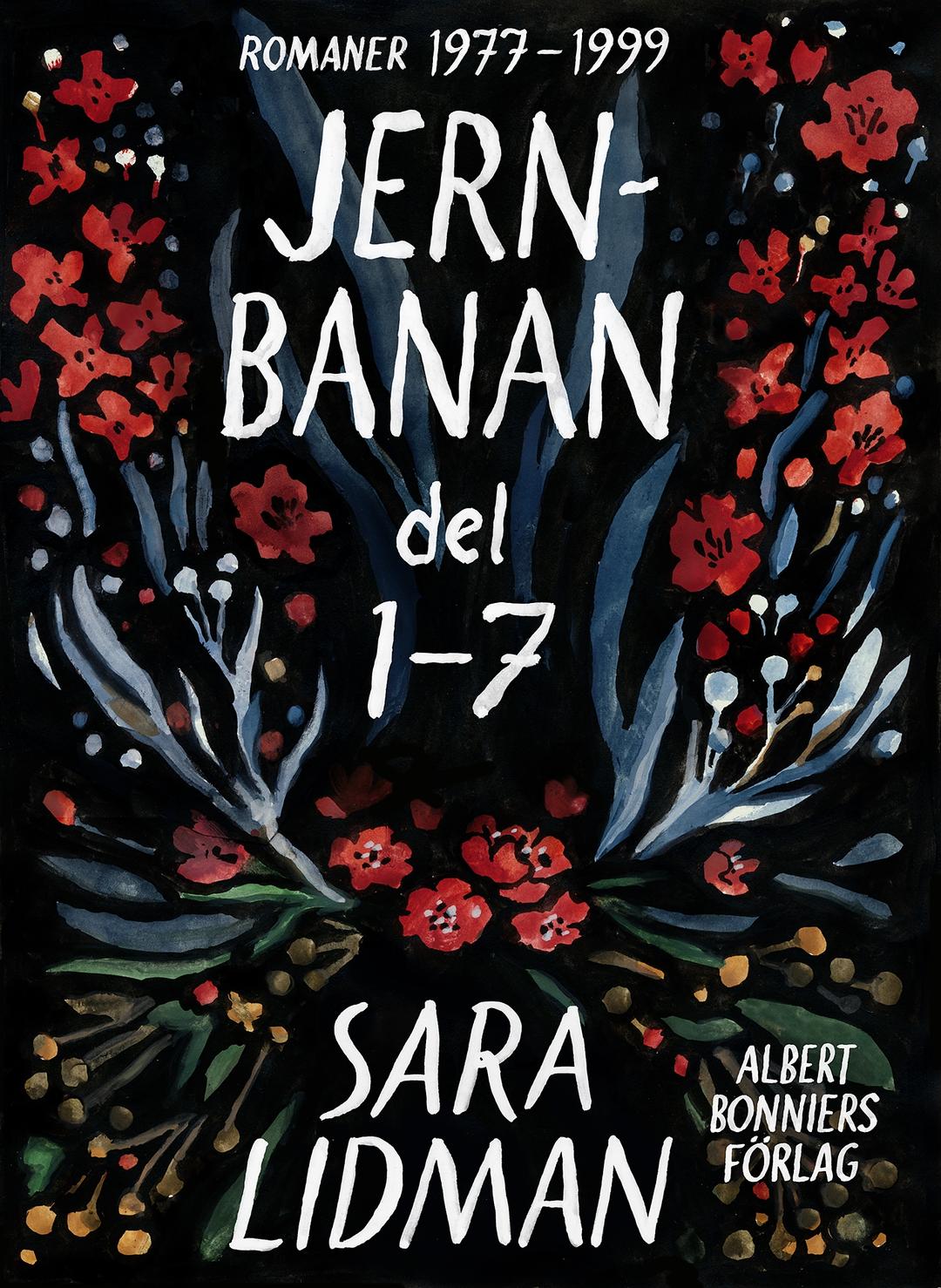 white text on black fond with red, painted flowers