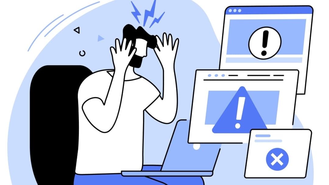 Illustration av man med bärbar dator som illustrerar mjukvaruproblem.