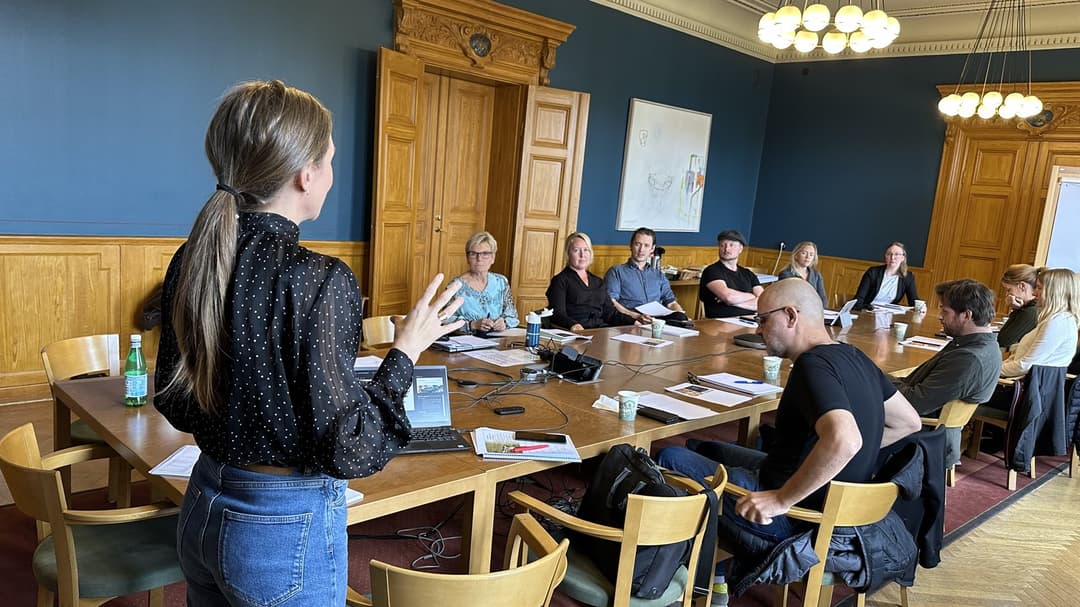 Kvinna står upp framför ett tiotal personer som sitter vid ett långt bord. Hon gestikulerar med händerna.