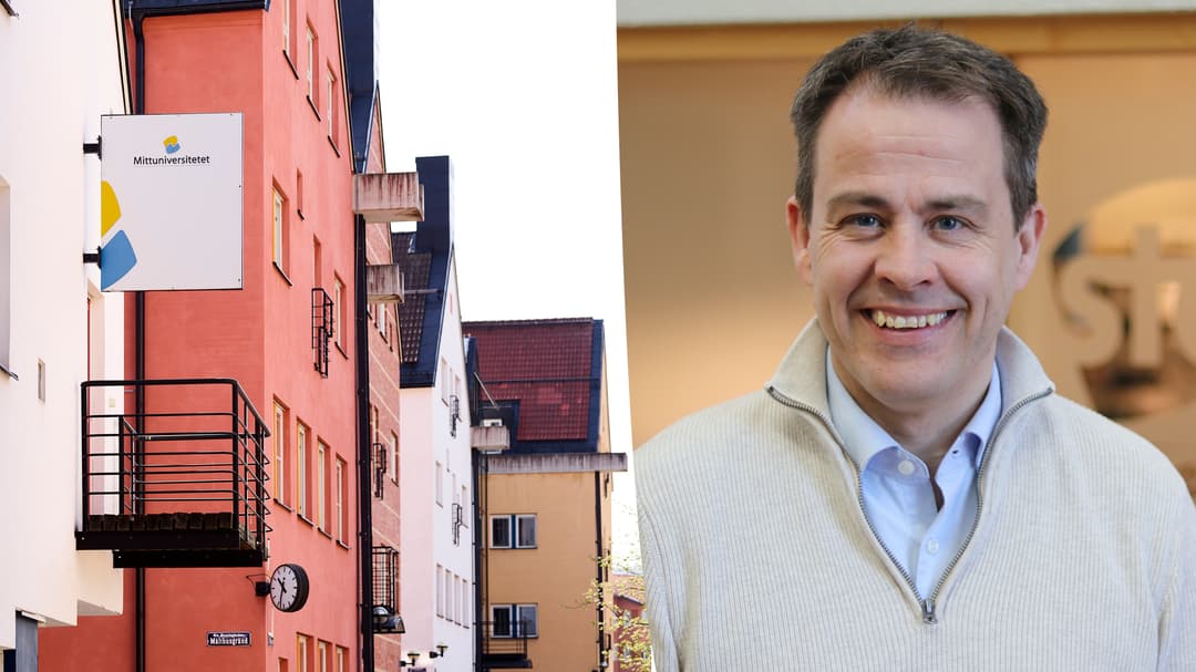 Bildkollage med en bild av byggnader och en fasadskylt med texten Mittuniversitetet samt en porträttbild på en leende man.