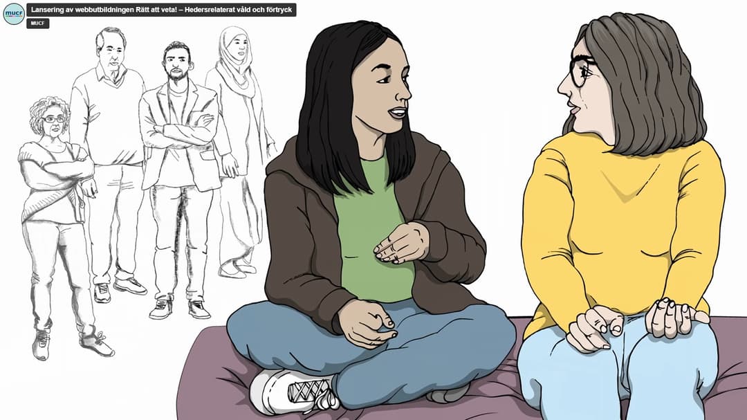 Tecknad illustration av två kvinnor som sitter och pratar med varandra. I bakgrunden anas en grupp med fyra skeptiska vuxna personer.