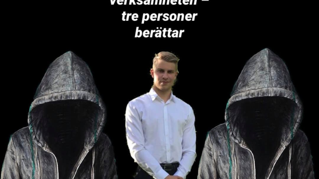 En kille i skjorta som står bredvid två skissade män i huvor