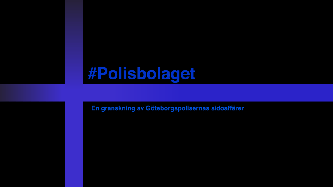 En svart bild med ett blått kors med texten Polisbolaget