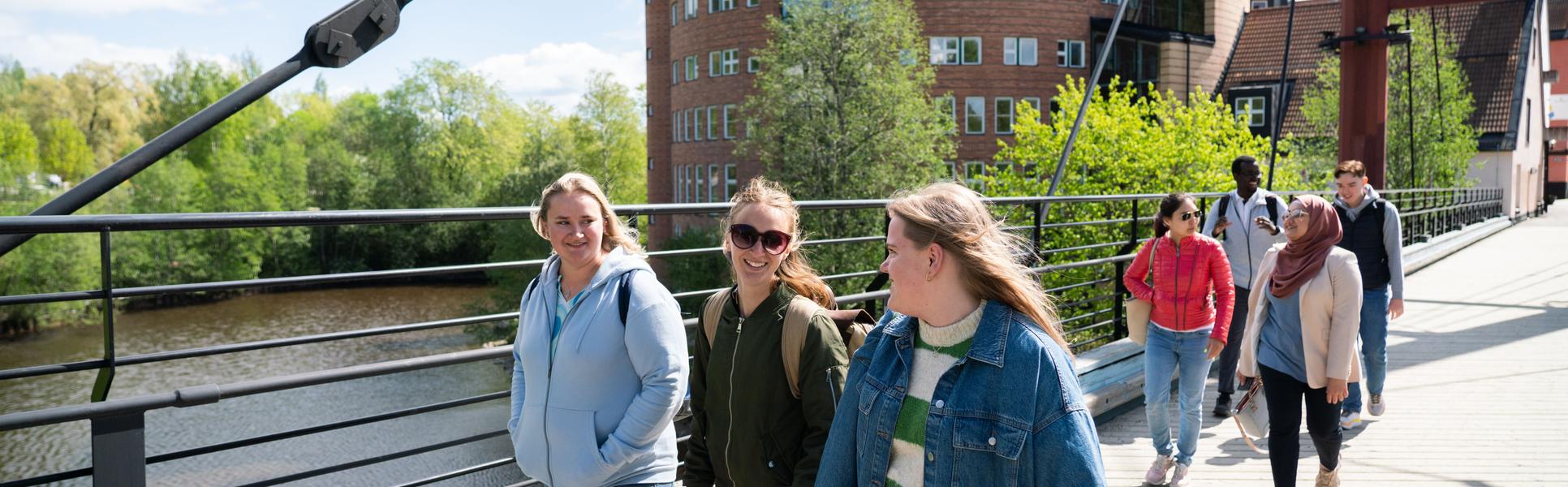 Studenter som går på bro vid Åkroken, Campus Sundsvall. 