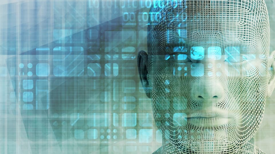Illustrative image of AI, computers, sensors and human 
