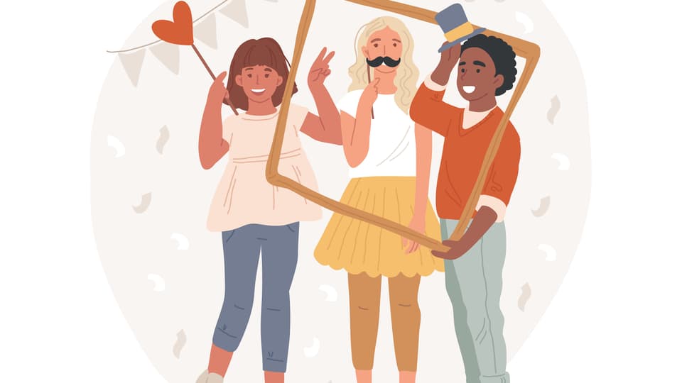 Illustration av tre personer med fotorekvisita och en ram