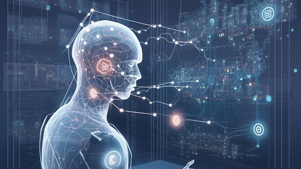 AI-genererad bild som visar en holografisk figur med ljusfenomen och projiceringar