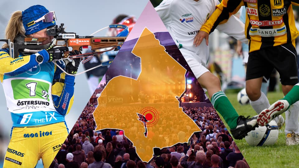 Fotomontage med en skidskytt, en konsert med publik, tre fotbollsspelare i en närkamp och en karta över Jämtland med Östersund markerat