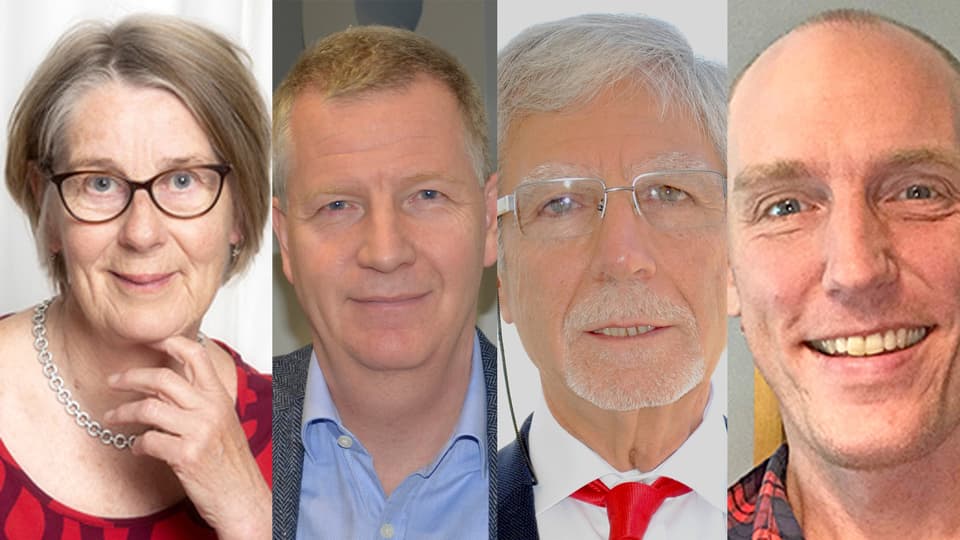 fyra ansikten i ett collage, en kvinna och tre män