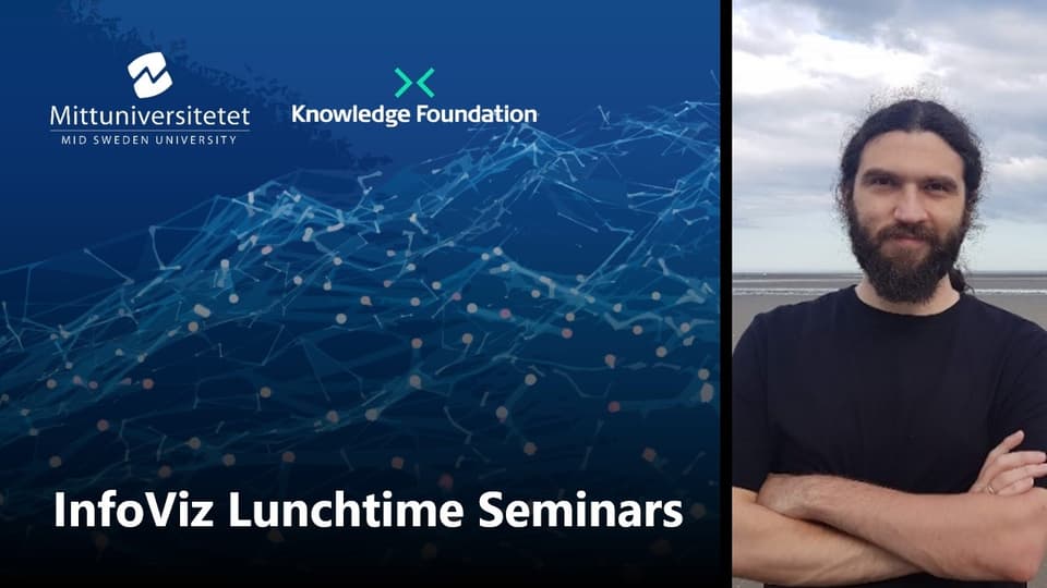 Blue image with the text InfoViz Lunchtime seminars and a man with beard and arms crossed. 