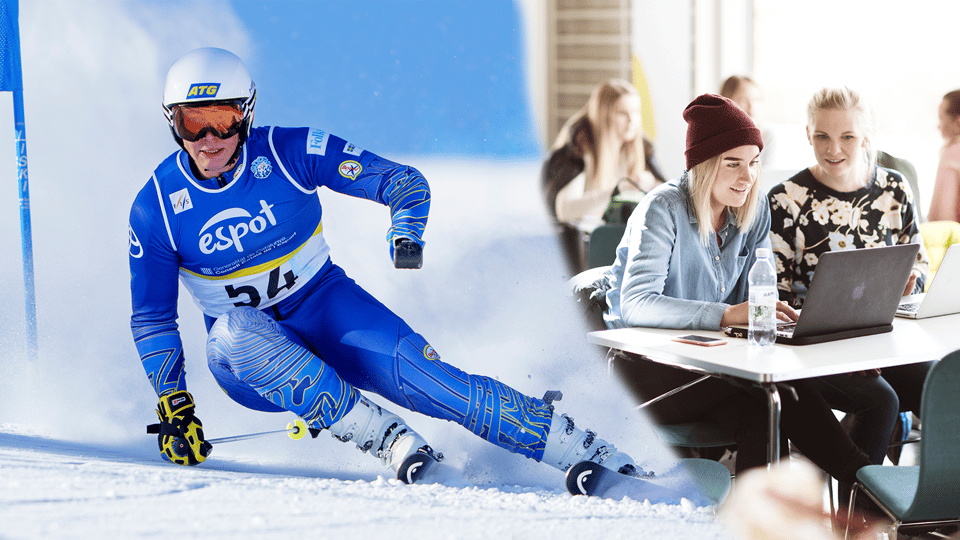 Bildkollage av alpin paraskidåkare och studenter med dator vid ett bord.
