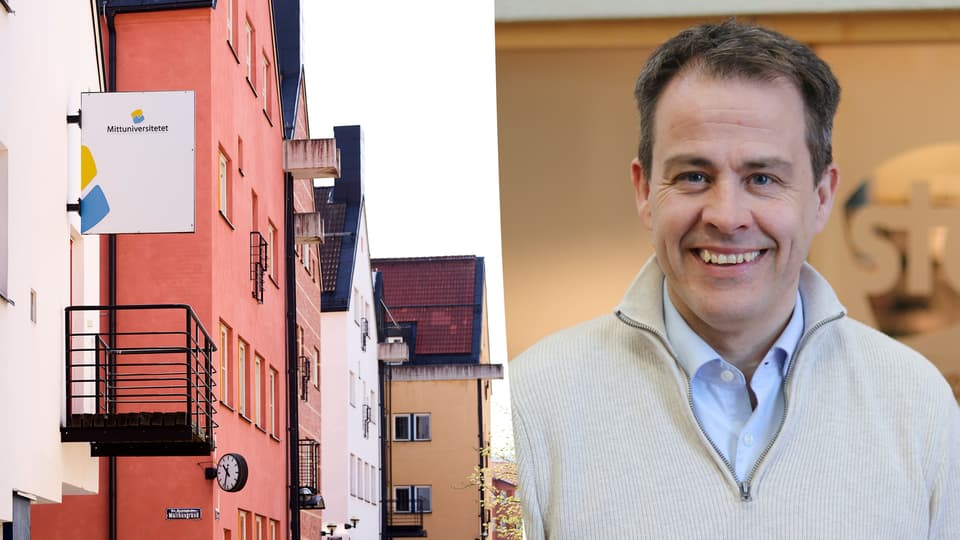 Bildkollage med en bild av byggnader och en fasadskylt med texten Mittuniversitetet samt en porträttbild på en leende man.
