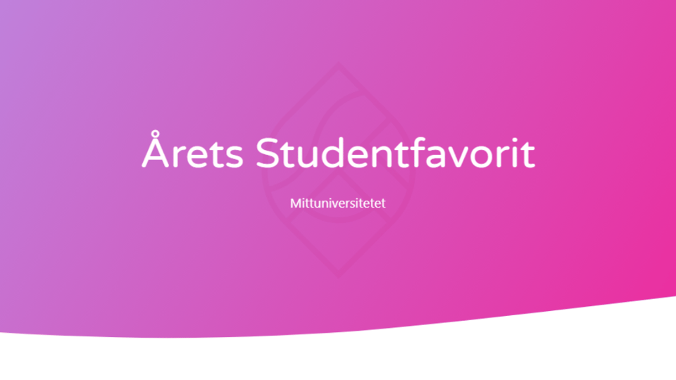 Rosa bakgrund, vit text, Årets studentfavorit. 