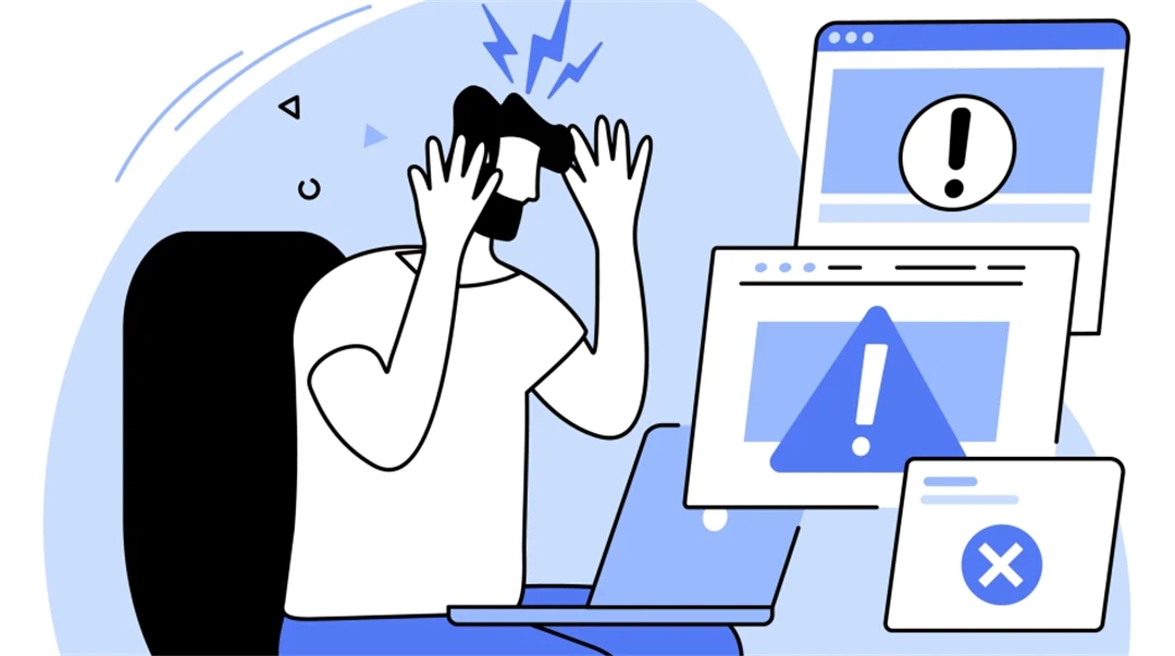 Illustration of man with laptop illustrating software problems.