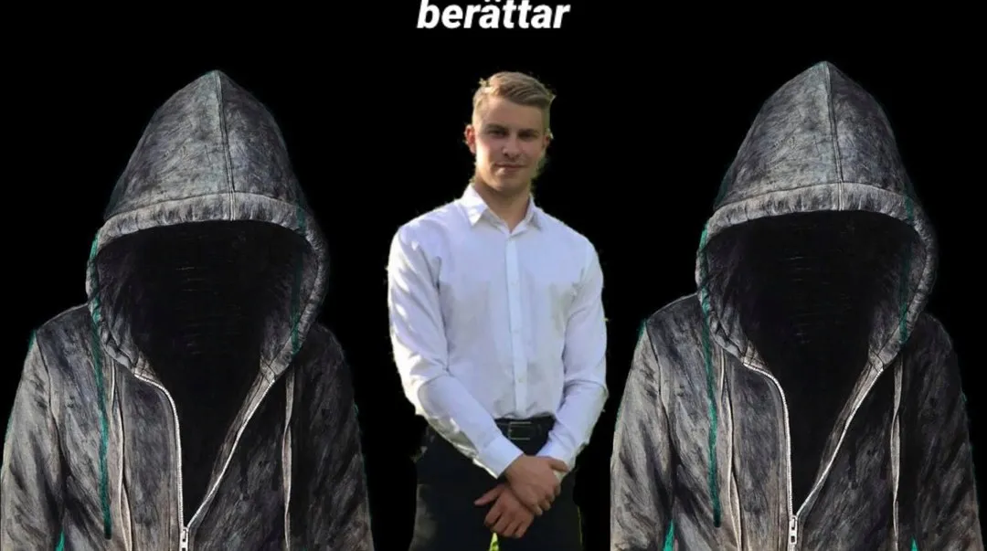 En kille i skjorta som står bredvid två skissade män i huvor