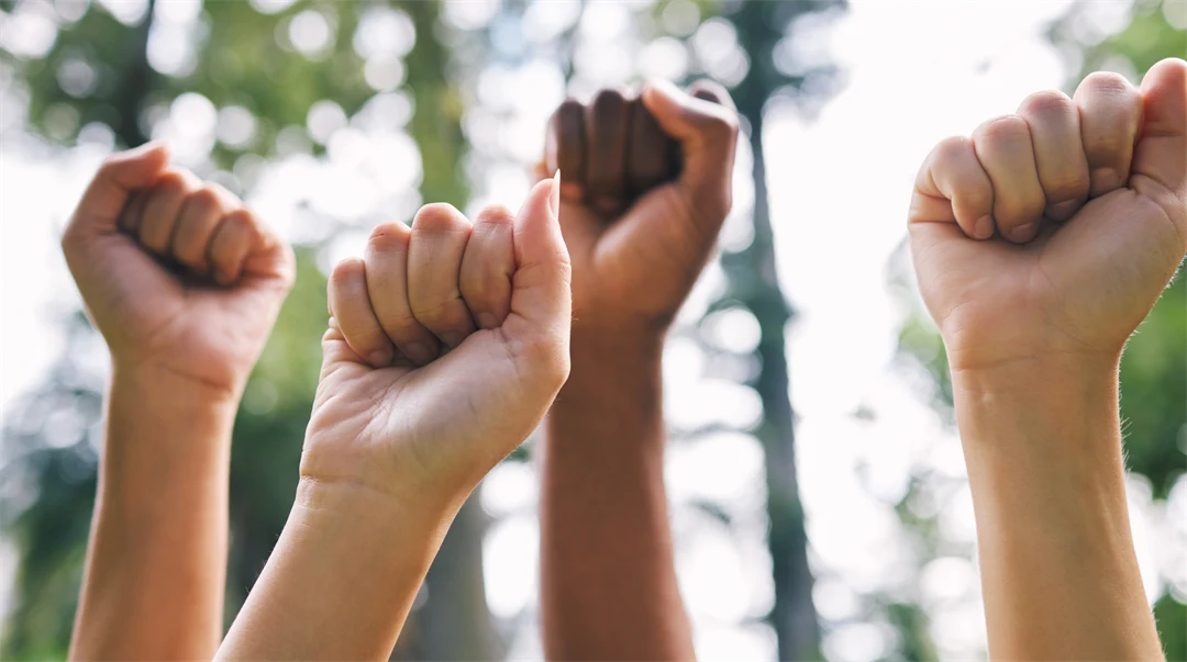 Peoples fist in the air outside in nature