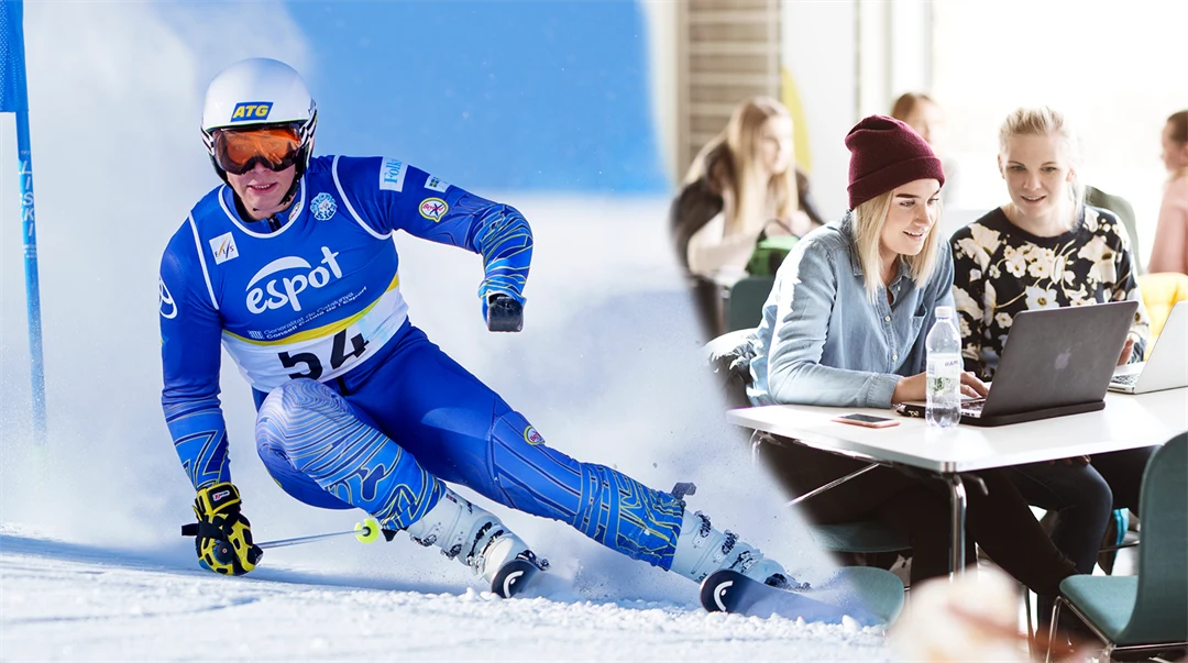Photo collage of alpine paraskier and students with a computer at a table.
