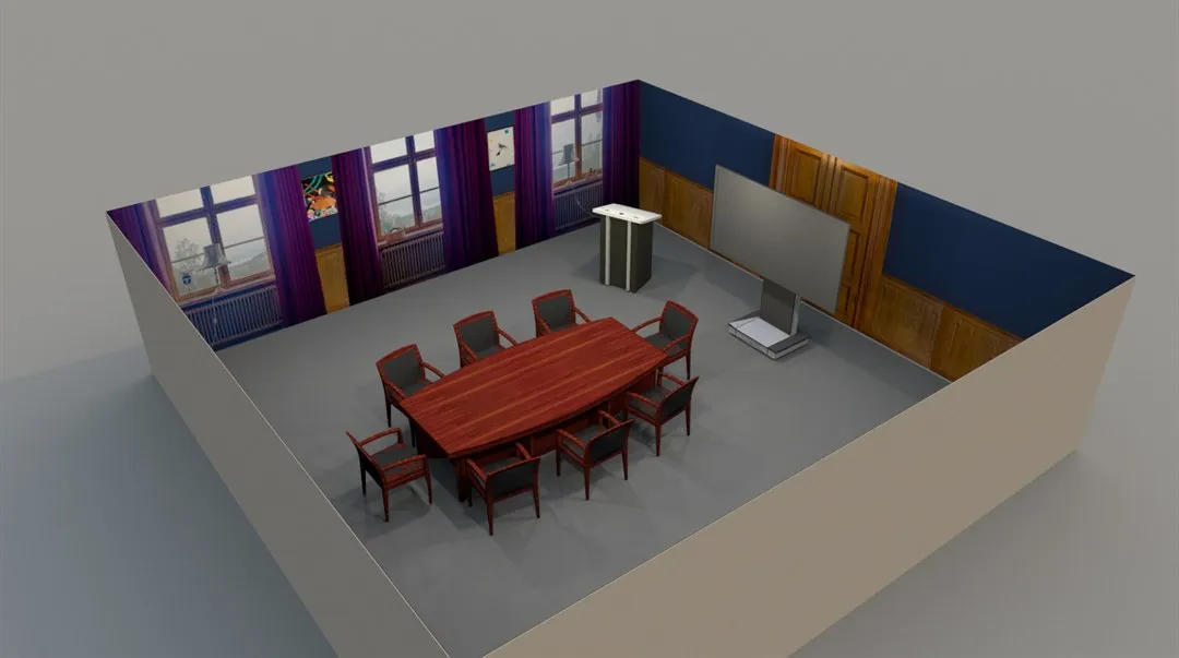 Illustration över hur den simulerade miljön mötesrum ser ut snett uppifrån