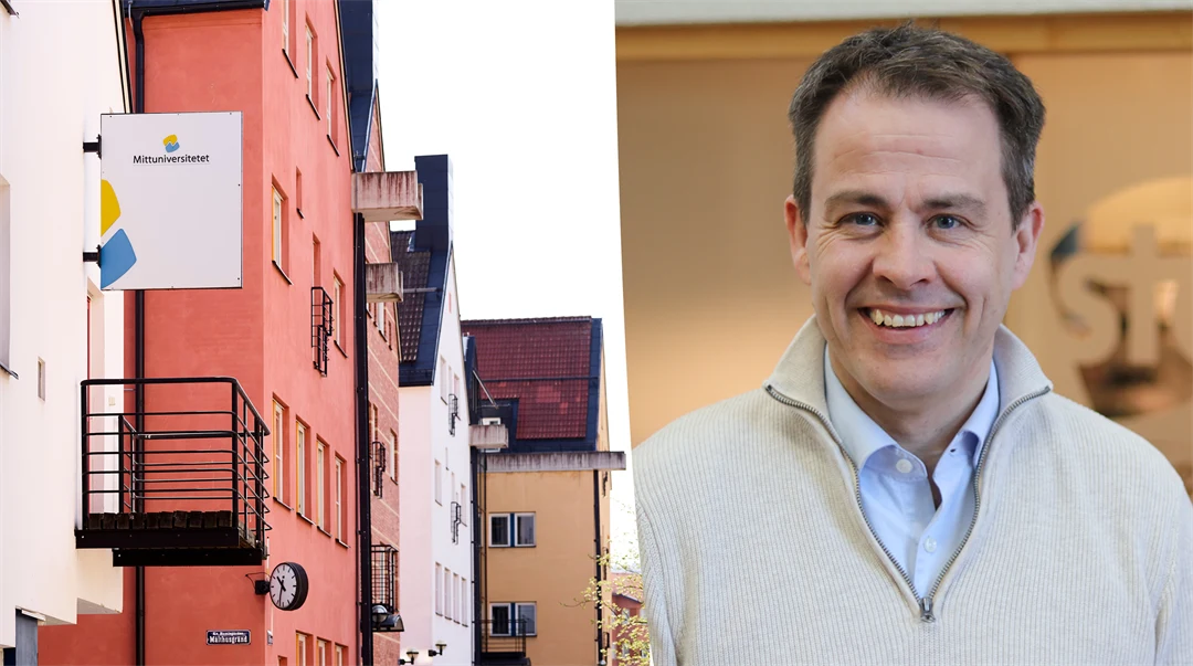 Bildkollage med en bild av byggnader och en fasadskylt med texten Mittuniversitetet samt en porträttbild på en leende man.
