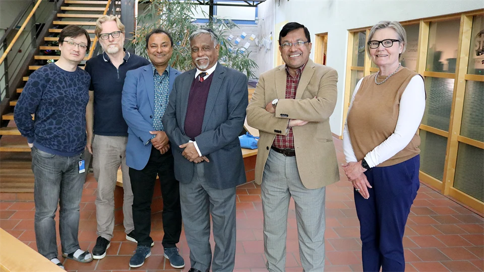 Fem personer står på rad och ler mot kameran. 