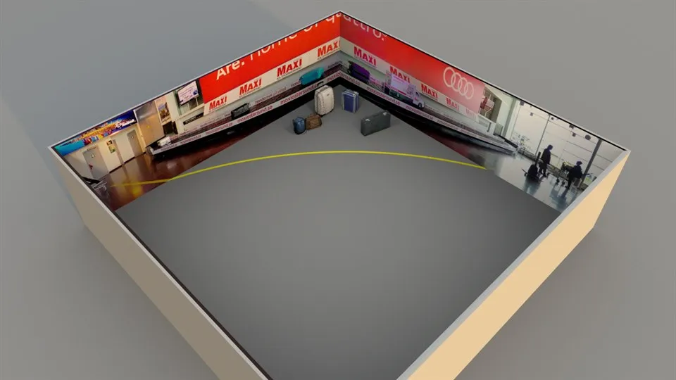 Illustration över hur den simulerade miljön flygplats ser ut snett uppifrån