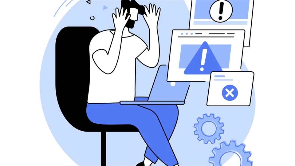 Illustration av man med bärbar dator som illustrerar mjukvaruproblem.