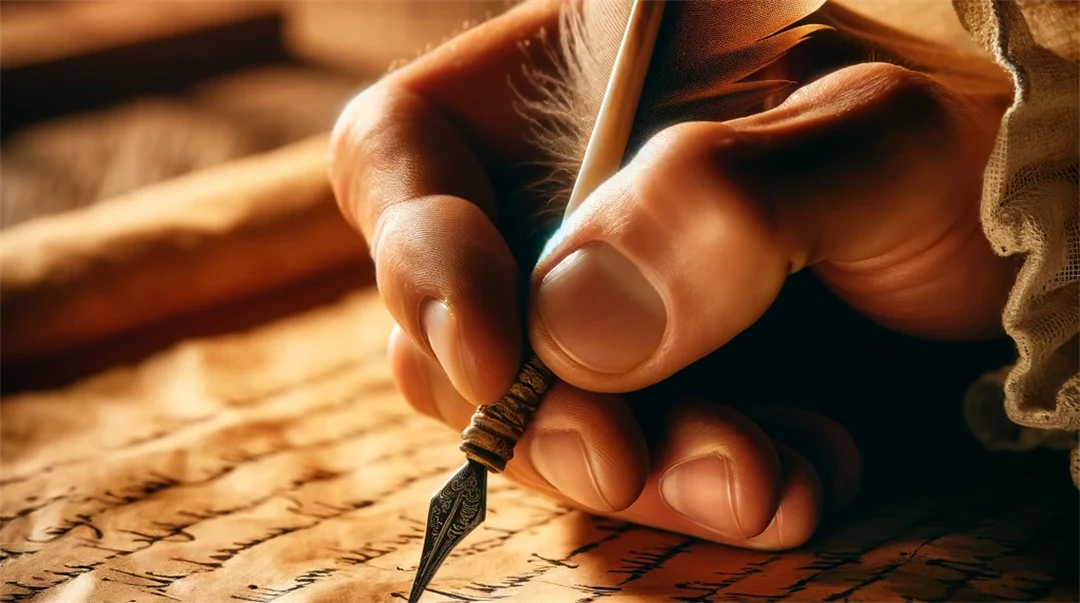 An AI-generated image of a hand writing with a goose quill. 