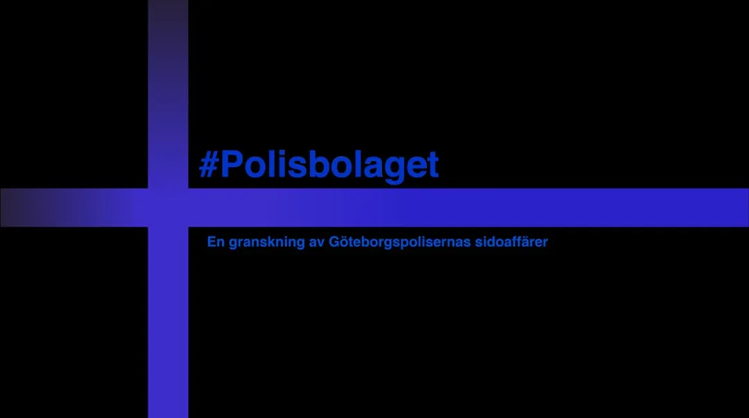 En svart bild med ett blått kors med texten Polisbolaget