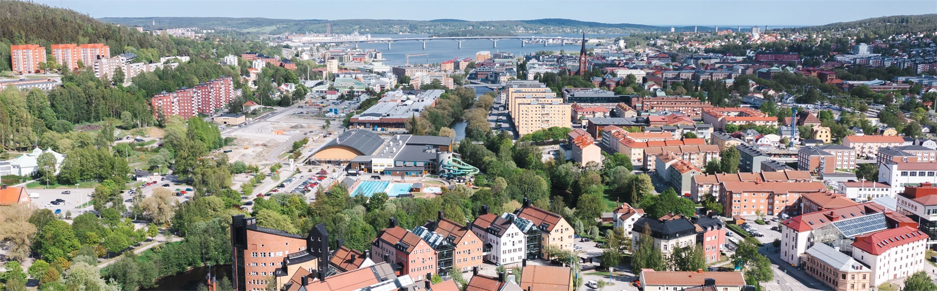 Drone image, Campus in the foreground, Sundsvall city in the background