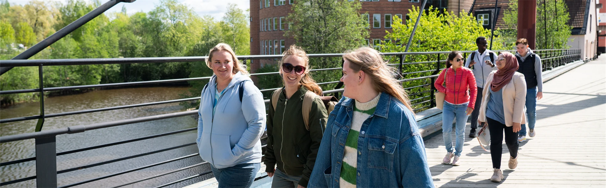 Students walking on the bridge at Åkroken, Campus Sundsvall.