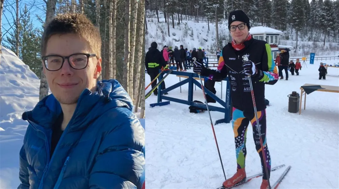 A dubbel picture with a portrait and a picture with the person standing on skis.