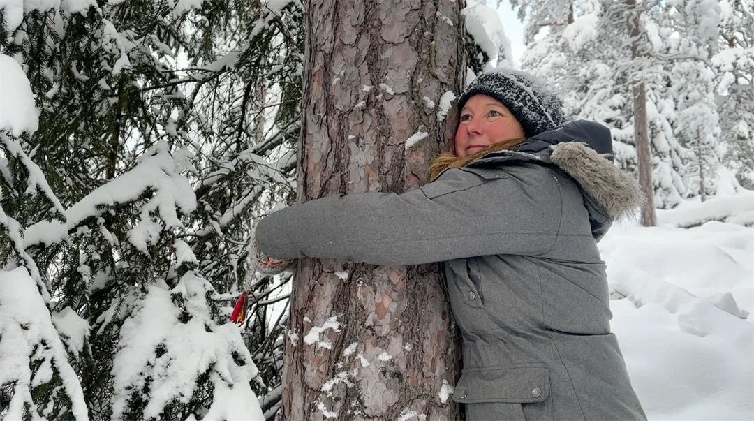 Kvinna kramar om trädstam i skogen, snö runt omkring