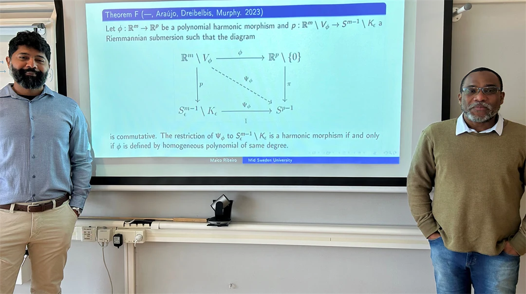 Två män står framför en presentation som visar olika matematiska formler.