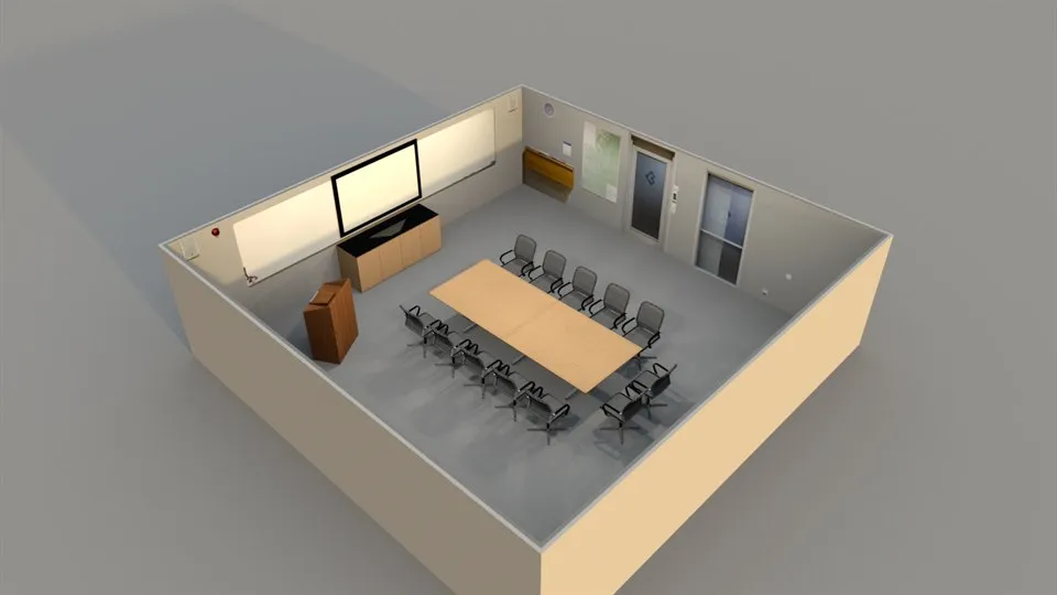 Illustration över hur den simulerade miljön mötesrum ser ut snett uppifrån